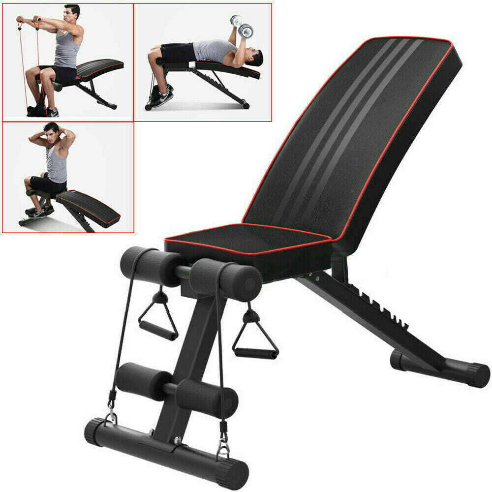 Adj Weight Bench Incline Decline Foldable Full Body Workout Gym Exercise w/Rope